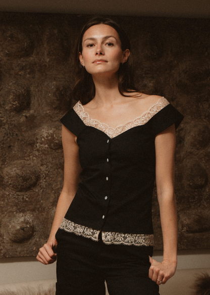 Black Twill Lace Top